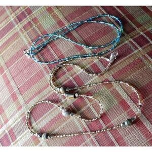 Handmade beaded necklace set. Gemstone and glass beads blue tan brown  jewelry